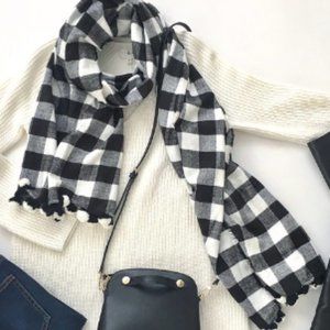 J. Crew Checkered Plaid Blanket Scarf/ Shawl/ Wrap Black/White with Pom Pom